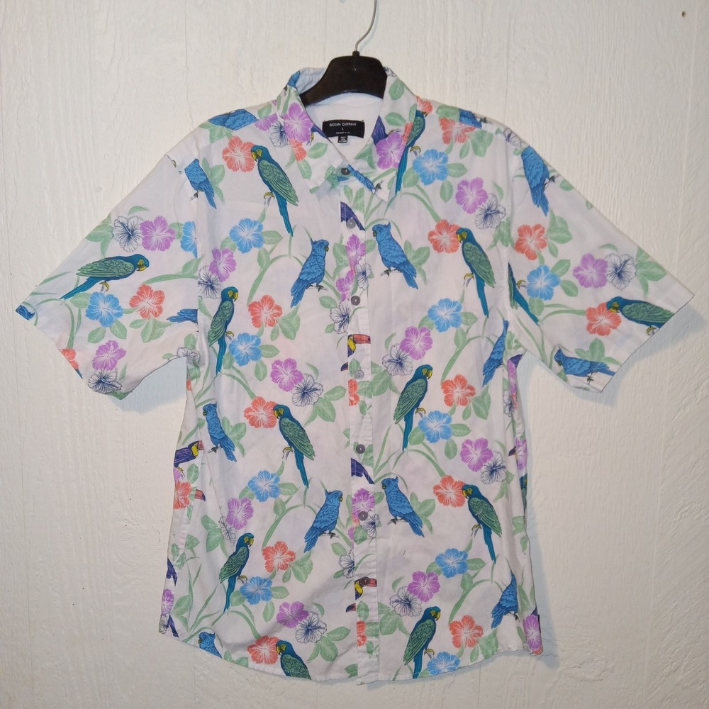 Ocean Current Button Down Men Large White Tropical Parrot Hibiscus OY123111